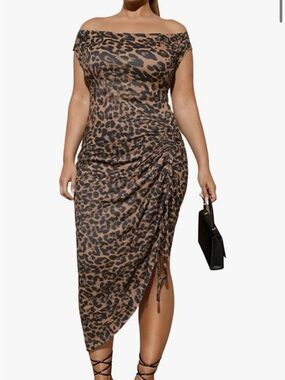 Leopard Print One-Shoulder Ruched Midi Dress - Brown - NWT